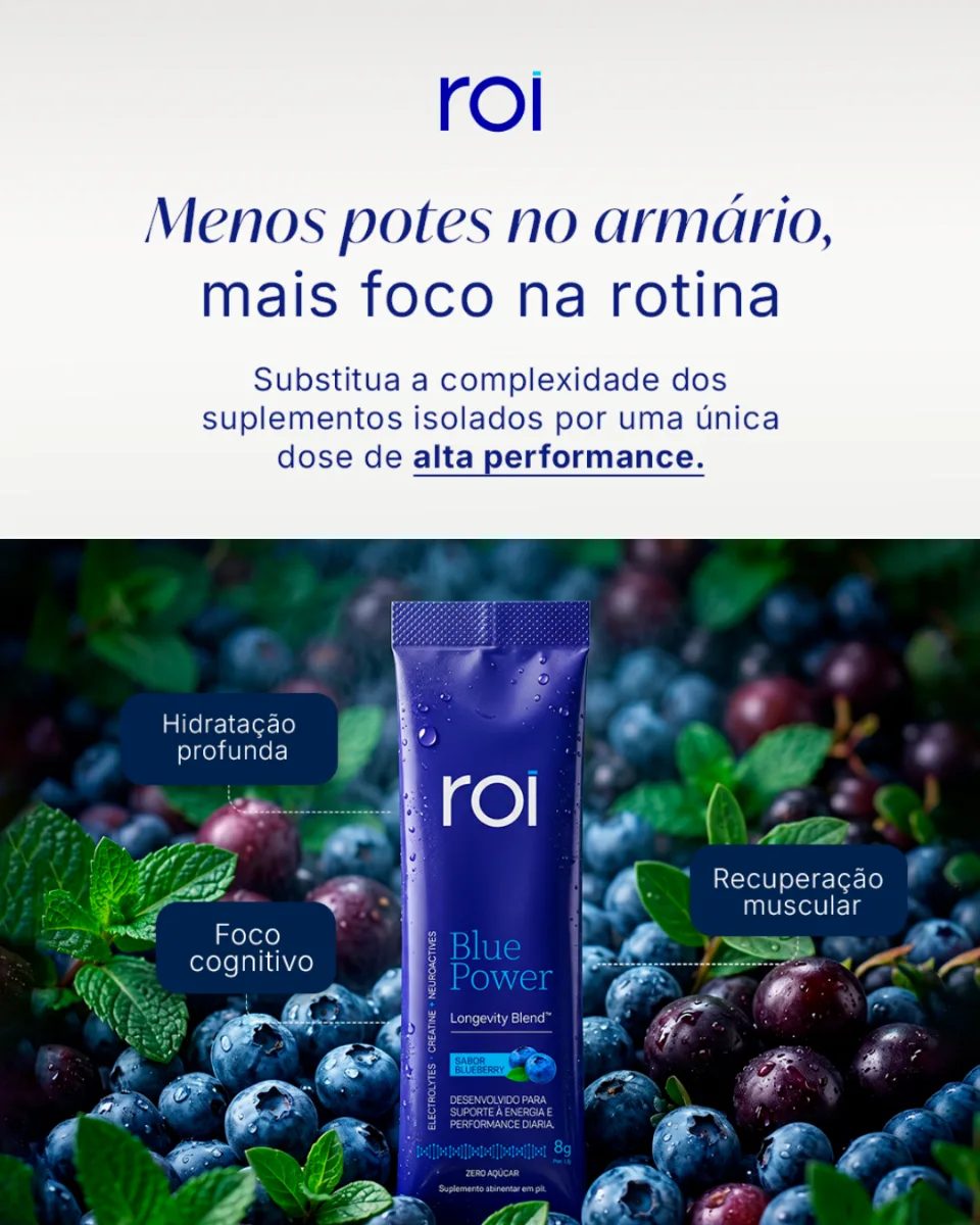 Stick do ROI Blue Power sobre blueberries, com os eixos de hidratação profunda, foco cognitivo e recuperação muscular